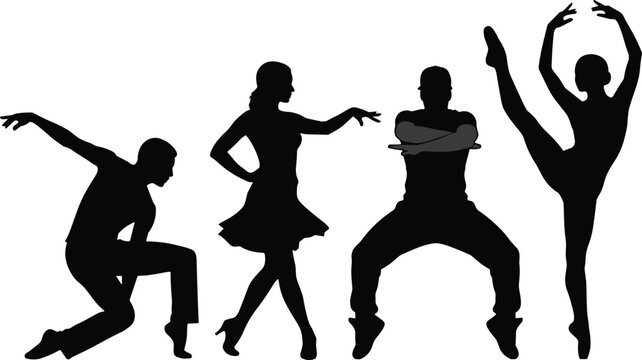 Silhouettes of four dancers in various poses, including ballet and contemporary styles