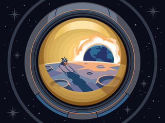 Astronaut on Moon viewing Earth through spaceship window, space exploration concept © Gunawan