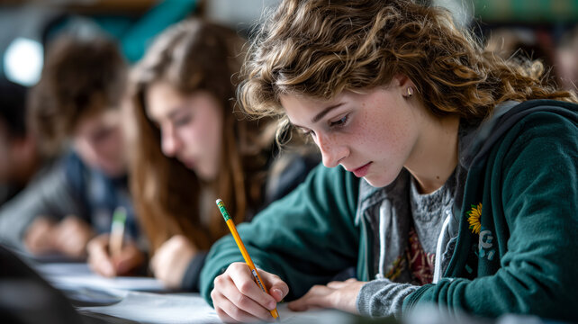 Focused student writing, bathed in warm light, diligent and studious