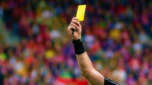 Referee holding up a yellow card during a soccer match with a blurred crowd background