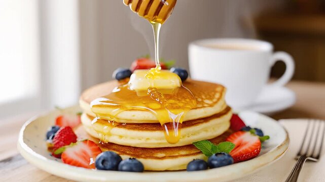 Golden honey drizzles from a wooden dipper onto a fluffy stack of pancakes topped with melting butter. Fresh strawberries, blueberries, and mint garnish the plate, set against a cozy breakfast table