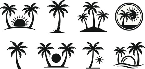 Fototapeta premium Collection of black silhouette palm trees and sun on white background, tropical beach