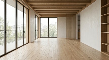 Fototapeta premium Minimalist empty modern living room with large windows and natural light in Japandi style interior