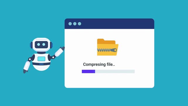 Animated robot assistant presenting a file compression interface with progress indicator and archive folder icon. Looping motion graphic ideal for data compression, file management, and technology con