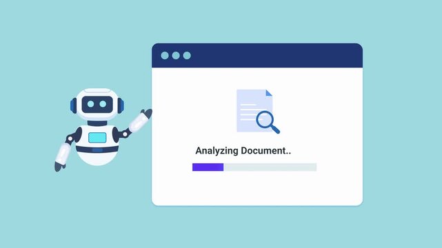 Animated robot assistant presenting a document analysis interface with progress indicator and search icon. Looping motion graphic ideal for document processing, data review, and technology concepts.