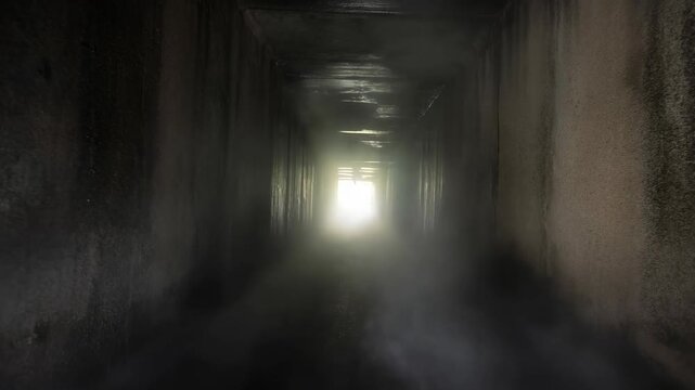 Light breaks through mysterious tunnel surrounded by moving fog