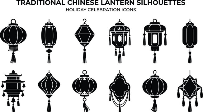 Collection of black silhouette of traditional chinese lanterns with tassels cultural