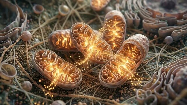 Mitochondrion, a dynamic cellular organelle generating vital energy through biological respiration, glowing intensely inside a microscopic physiological system, releasing crucial particles.