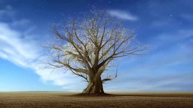 Time lapse of a tree transitioning from winter to spring under a blue sky