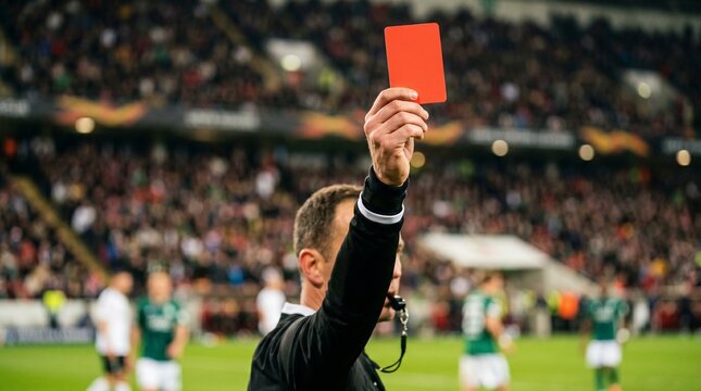 Referee holding up a red card during a soccer match in a stadium