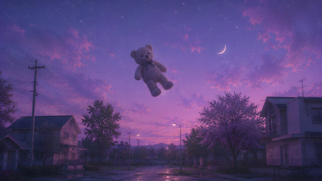 Giant Floating Teddy Bear Above a Dreamcore Suburban Street at Twilight