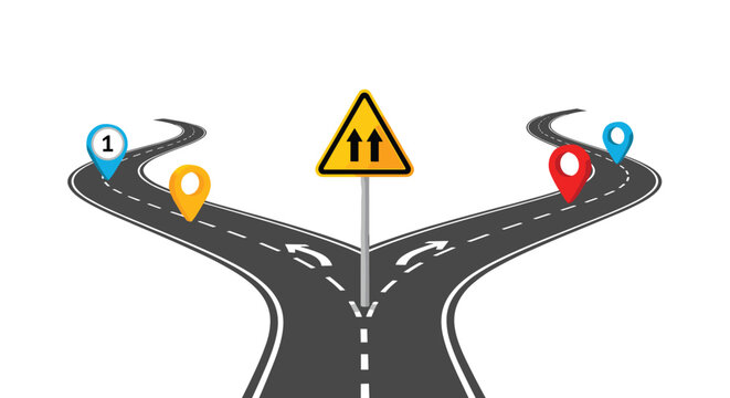 Perspective view of a fork in the road with different colored map location pins and a warning sign in the middle.