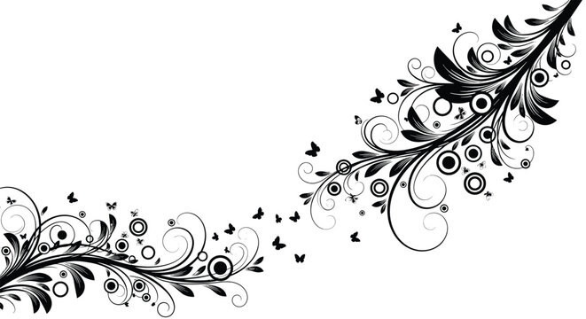 Beautiful ornate floral swirl pattern decorated with circles and many small butterflies fluttering along its length.