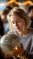 Naklejka premium Young girl gently touches illuminated globe, exploring its wonders