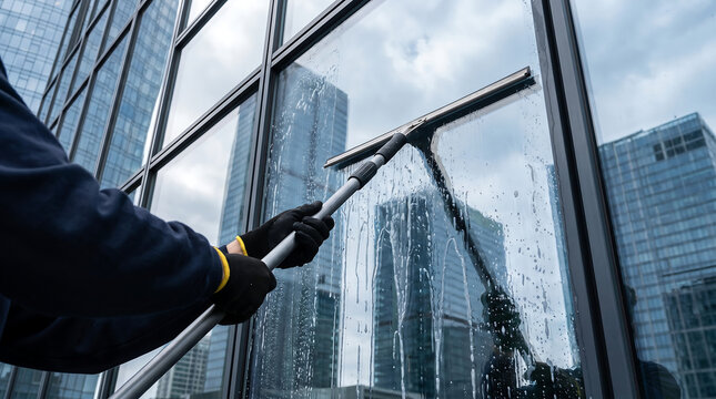 Close up view of a professional worker cleaning glass window facade of a modern corporate skyscraper building using a squeegee extension pole 
