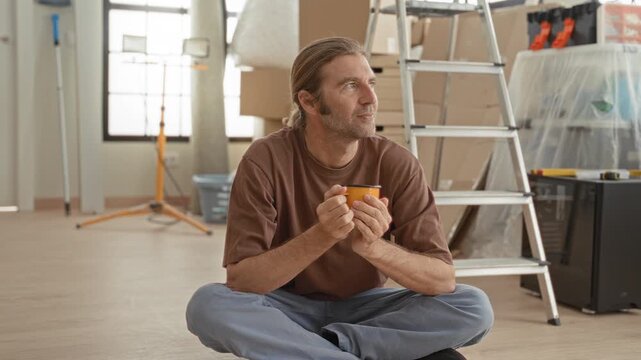 Man holding mug with both hands seated crosslegged in building beside ladder, stacked boxes and covered furniture; contemplation renovation pause.