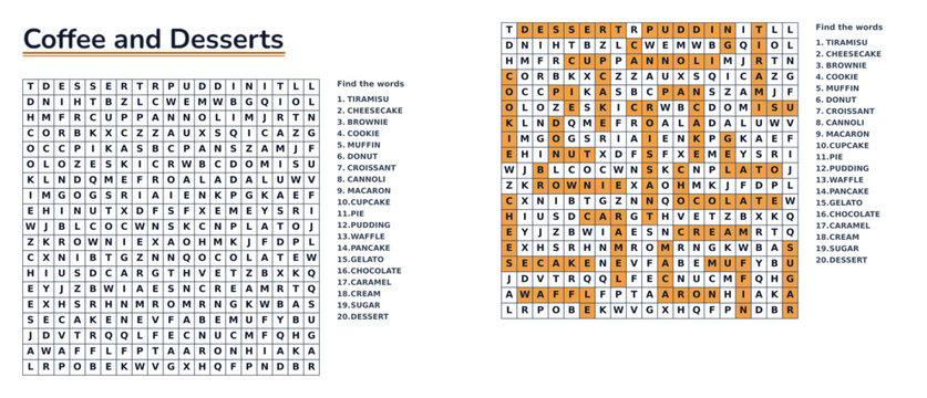 Coffee and Desserts word search puzzle sheet with answers for kids and adults, difficult level