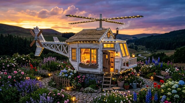 Cozy windmill house garden at sunset with flowers and string lights