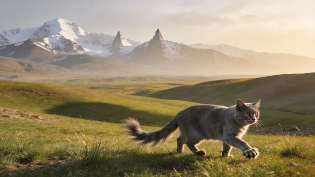 a grey feline wandering in the green plains of central asia, realistic