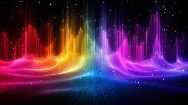Vibrant multicolored waves of light gently pulse and flow across a deep black sky, surrounded by shimmering star-like particles. This dynamic animation shows an abstract cosmic display at night