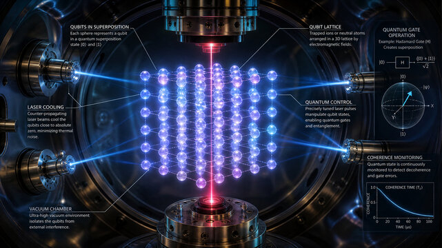 Quantum Bits or Qubits in Vacuum Chamber with Laser Beam Control and Scientific Illustration