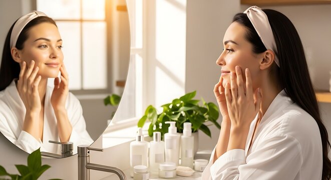 Woman applying skincare products in front of a bathroom mirror