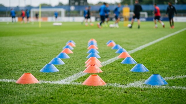 Soccer training cones on a green field with players in background