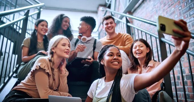 Happy, selfie and students at campus with friends, photography and post for social media. Smile, people and study group at college with peace sign, profile picture update and capture memory for blog