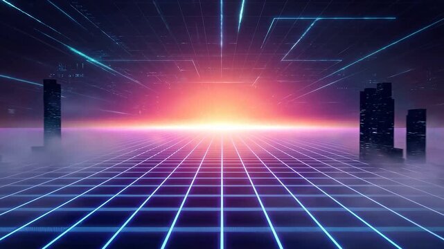 Futuristic neon grid cityscape sunset digital technology glowing skyline light abstract modern electronic cyberpunk horizon fog