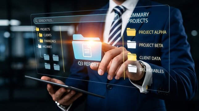 Business professional in suit using interactive digital glass tablet to manage project files and Q3 reports in modern dark office environment for efficient workflow