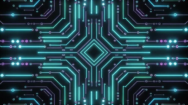 futuristic digital tunnel with neon circuit lights animation