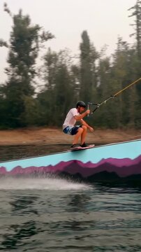 Vertical video: Cable pulling wakeboarder carving riding ramp, jumping, falling for sport helmeted