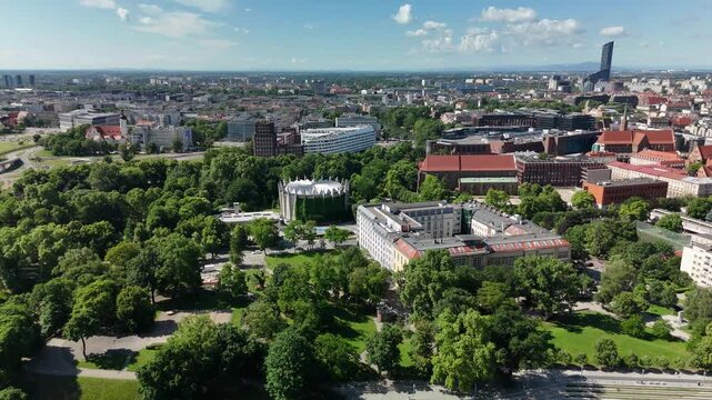 Aerial footage of the city center of Wroclaw, Poland