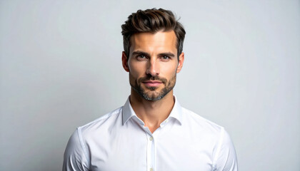 Obraz premium Portrait man white shirt studio headshot adult male dark hair beard clean background confident