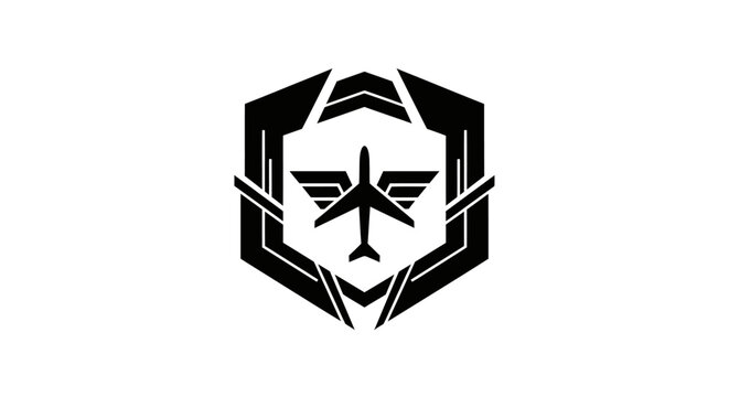 Minimalist airplane logo design featuring a stylized geometric hexagonal emblem.