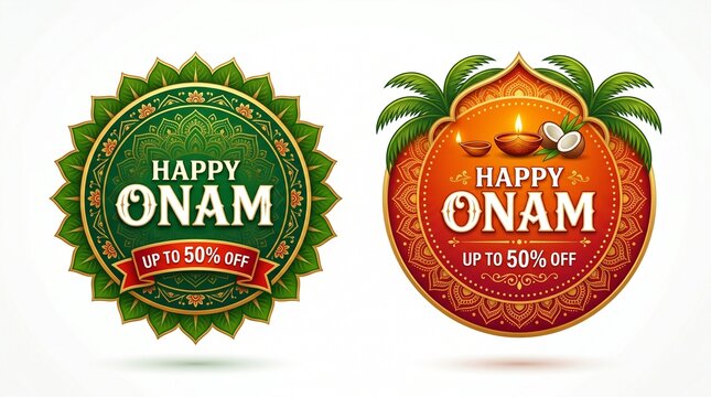 South India's Happy Onam Discount upto 50% off Banner, Logo design, Sticker, Concept, Greeting Card, Template, Icon Unit, Label, Web, Poster, logo ... See More