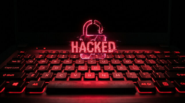 Red glowing digital hologram of a broken padlock and the word HACKED on a backlit laptop keyboard, representing a cybersecurity data breach, system compromise, and computer virus.