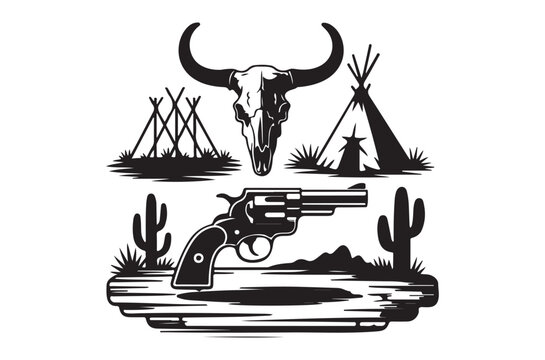 western scene with skull and revolver silhouette
