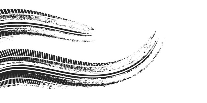 Grunge tire track, wheel braking marks. Truck, car or motorcycle tread pattern silhouette. Auto race, motorsport, speed racing design element. Vector illustration
