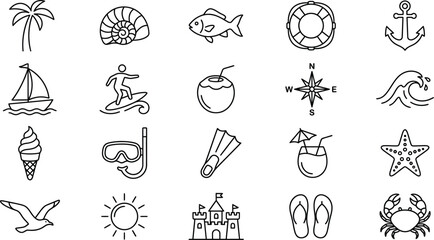 Beach Icons Collection Line Art Style On White Background © Al Amin