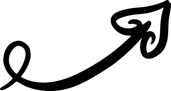 Black hand drawn decorative curved vector arrow with looped tail and ornate stylized head pointing right for creative graphic design.