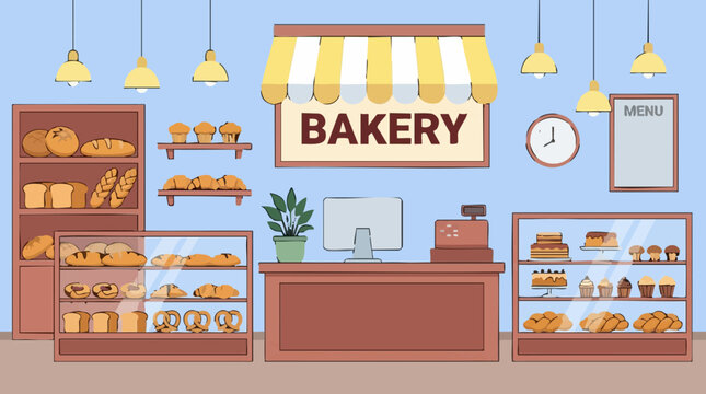 Cartoon illustration of a bakery interior with display cases and baked goods