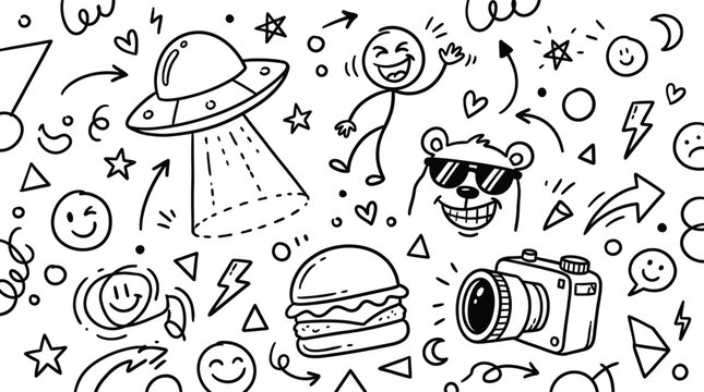 Doodle collection featuring spaceship burger and camera in black and white
