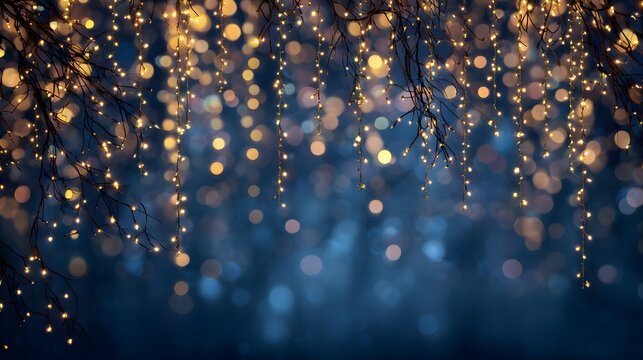String lights on tree branches against bokeh background