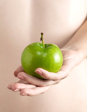 A woman's hand holding a green apple near her torso