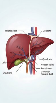 Liver anatomy with labeled parts diagram.