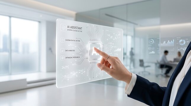 Business professional using hand to touch transparent AI assistant interface in modern office for data analysis and resource optimization tasks and management