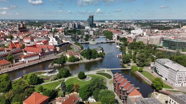 Aerial footage of the river and the city center of Wroclaw