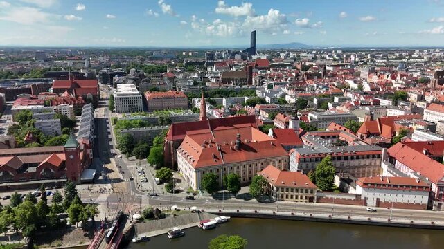 Aerial footage of the river and the city center of Wroclaw