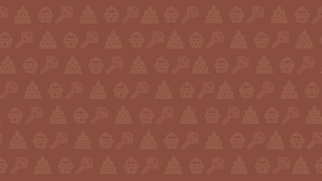 Seamless pattern background of hand-drawn bakery doodles including cupcakes, birthday cakes, and lollipops on a brown backdrop.